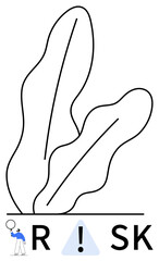 Magnifying glass-wielding figure examines the letter R beside a caution symbol and large leaf outlines. Ideal for finance, insurance, safety, analysis, threats, decision-making, and education. Line