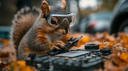 Obraz premium A squirrel wearing safety goggles holding a tool while inspecting a car battery