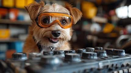 A dog wearing safety goggles analyzing a car battery with a curious expression