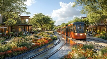 Urban Tram Navigating Through Scenic Landscape with Lush Greenery and Vibrant Flora in a Modern Residential Neighborhood
