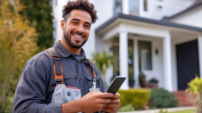 photo of hispanic man dressed as a residential painter using mobile app looking happy with a beautiful american home painted white in the background