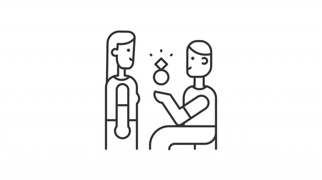 Making proposal line animation. Wedding engagement animated icon. Moving hand, shining ring. Shaking head. Black illustration on white background. HD video with alpha channel. Motion graphic