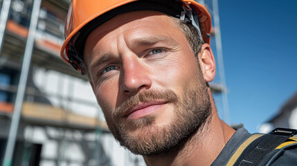 Construction Worker in Safety Gear on Site Demonstrating Focus and Professionalism Against a Clear Blue Sky