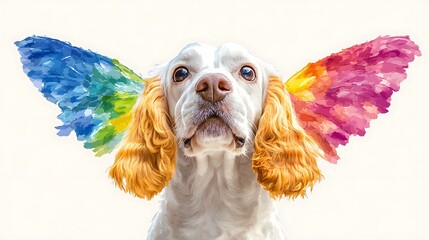 Adorable dog with colorful watercolor wings, showcasing a charming expression, perfect for whimsical art or marketing materials related to pets, love, and joy.