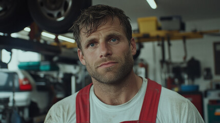 Man in Coveralls Stands in an Auto Repair Shop Examining the Vehicle and Contemplating the Day’s Work, With Tools and Lifted Cars Visible in the Background During Daylight