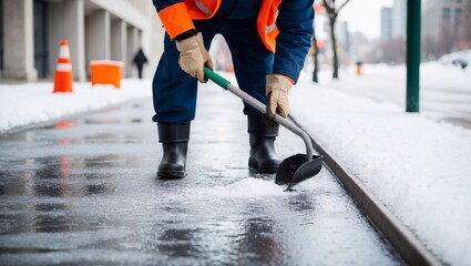 A city worker in winter sprinkles salt on an icy sidewalk, helping prevent accidents and keeping pedestrians safe in snowy conditions.