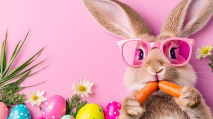 Cute Rabbit Wearing Pink Sunglasses Holds Carrots Surrounded by Colorful Eggs and Flowers on a Cheerful Pastel Pink Background