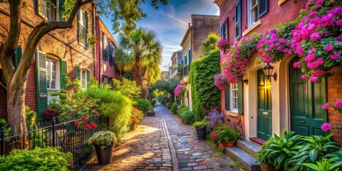 Fototapeta premium Scenic Charleston Walkway with Historic Architecture and Lush Greenery - A Captivating Southern Stroll Experience in Charming Charleston, South Carolina, Showcasing Iconic Streets and Vibrant Flora