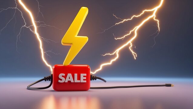3D render flash, lightning, sale yellow thunder bolt storm charges Electricity, blitz strike digital element. Discount, bright idea concept Illustration in cartoon plastic style on. 3D Illustration