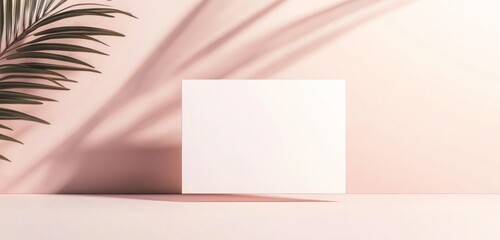 A postcard mockup set against a backdrop of soft pastel colors, with delicate shadows emphasizing its minimalistic design. 