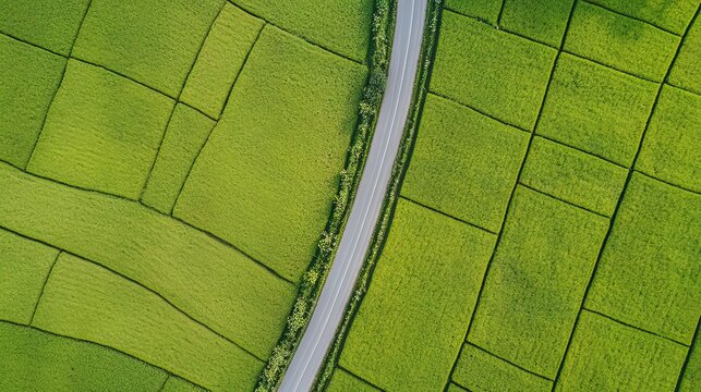 Aerial View of a Winding Road Through Lush Green Rice Fields