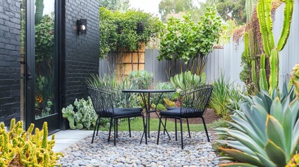 Minimalist patio with black bistro furniture, surrounded by a mix of green succulents and colorful cacti in contemporary planters
