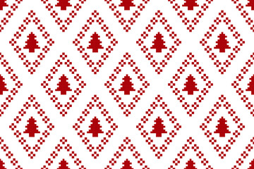 Christmas and New Year seamless pattern. Red snowflakes and Christmas tree on  White pixel pattern for winter hat,jumper,sweater, wrapping,fabric,border,rim,carpets, blankets, towels.