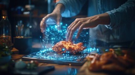 Hands Preparing a Digital Culinary Presentation of Raw Fish