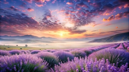Fototapeta premium Serene Sunrise Over Misty Lavender Fields and Rolling Hills