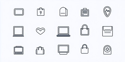 Collection of minimal line icons laptop, tablet, bag, heart, location, briefcase, envelope, and plus.