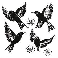 Fototapeta premium Silhouette of four birds in flight, surrounded by flowers.