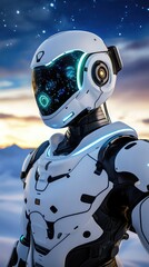 Fototapeta premium Futuristic Robot with Advanced Technology Helmet Against a Starry Sky and Cloudscape at Dusk