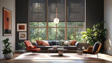 Modern living room with large windows and stylish furniture arrangement
