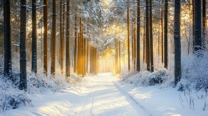Naklejka premium Magical Winter Sunrise in a Snowy Pine Forest