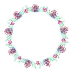 Wreath of spruce branches and cones with red berries hand painted with watercolors