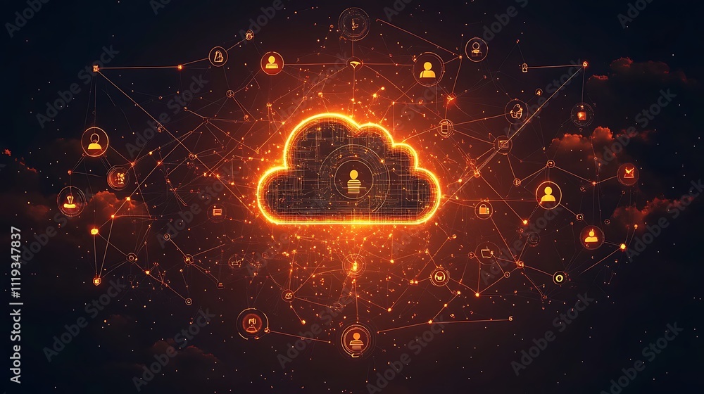 Poster glowing cloud icon symbolizes network connection, data security, and digital transformation in a dar
