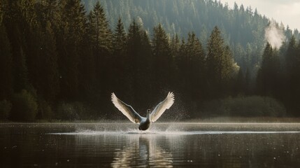 Fototapeta premium Majestic Swan Landing on Serene Lake Surrounded by Pine Forests