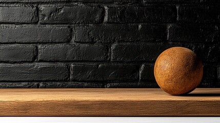Rustic Brown Sphere on Wooden Surface Against Black Brick Wall