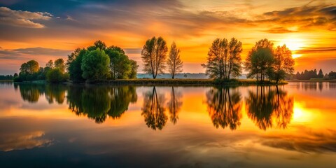 Obraz premium Serene Sunset Reflection on Calm Water with Silhouetted Trees