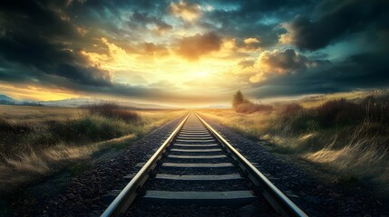 Obraz premium A rail track stretches toward a stunning sunset, surrounded by open fields and dramatic clouds, evoking a sense of adventure.