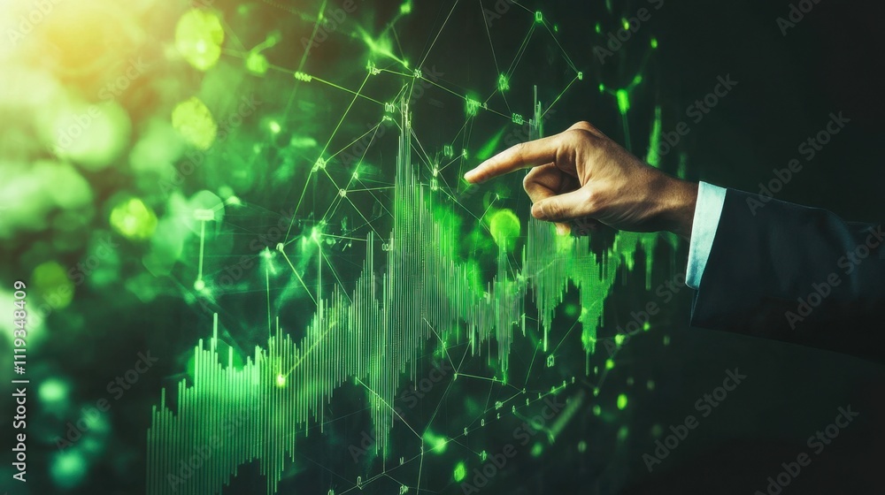 Poster hand pointing at financial data visualization with green elements