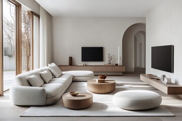 Modern minimalist living room with sectional sofa, coffee tables, and large windows.