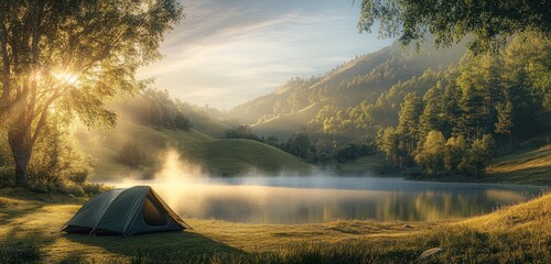 A peaceful morning scene with a tent pitched near a small mountain lake, with fog rising from the water and sunlight breaking through the trees onto the nearby hills.