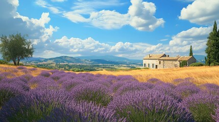 Serene countryside in Provence, France, with fields of lavender in full bloom