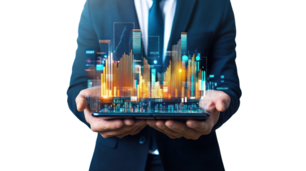Businessman Holding Tablet with Financial Data:  A businessman in a suit holds a tablet with a holographic display of financial data, showcasing the power of technology in the modern business world.