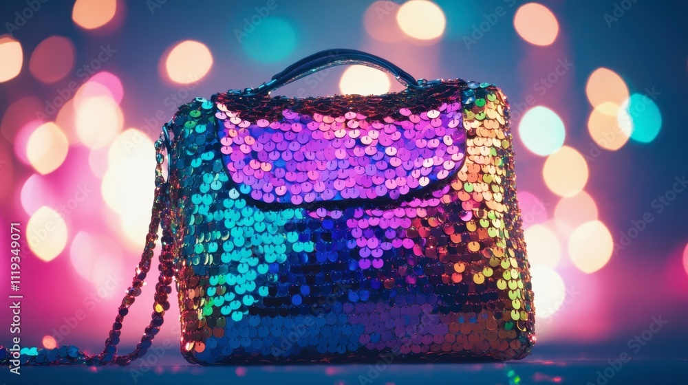 Poster colorful sequin handbag with sparkling bokeh background