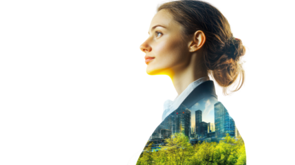 Visionary Leader: Double exposure portrait of a confident businesswoman, her silhouette interwoven with a vibrant cityscape and lush nature, symbolizing sustainable growth and innovative leadership. 