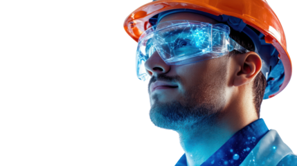 Proud male engineer working with futuristic technology systems,,isolated on transparent and white background.PNG image