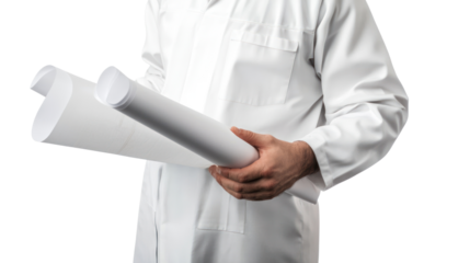 Engineer holding blueprints at a worksite,isolated on transparent and white background.PNG image	