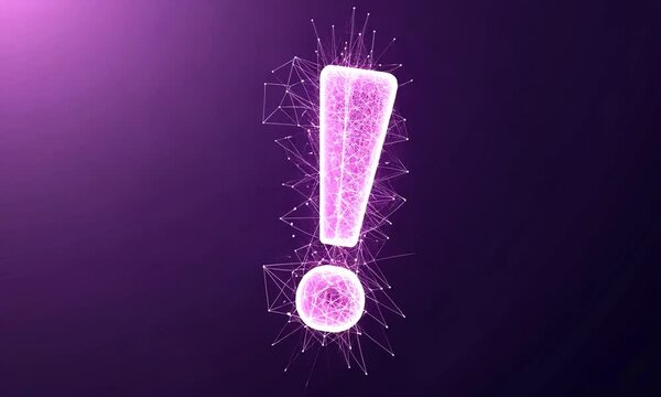 Exclamation sign low poly wireframe style on technology purple background video. 