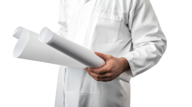 Engineer holding blueprints at a worksite,isolated on transparent and white background.PNG image	