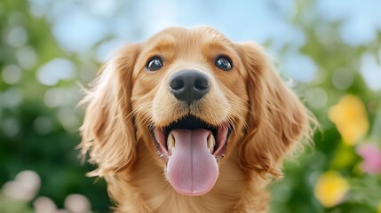 Adorable Happy Dog with Playful Expression Surrounded by Colorful Flowers in a Bright Outdoor Setting, Perfect for Pet Lovers and Nature Enthusiasts