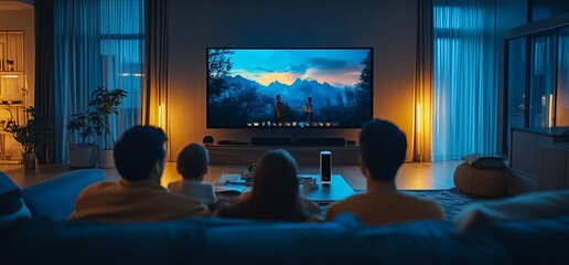 Family enjoying movie night on large screen TV in dimly lit living room.