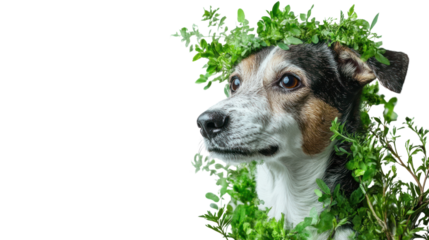 Eco-conscious lifestyle portrayed with a dog and green elements,isolated on transparent and white background.PNG image