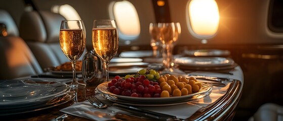 A meal looks luxurious on a private jet dining table, giving a sense of luxury and exclusivity, perfect for promoting a premium lifestyle or advertising a private jet charter service.