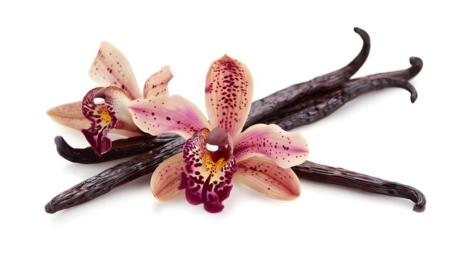 Vanilla pods orchid flower white background, natural spa fragrance oil aromatherapy