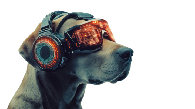 Dog wearing digital accessories in a tech-inspired setting,isolated on transparent and white background.PNG image