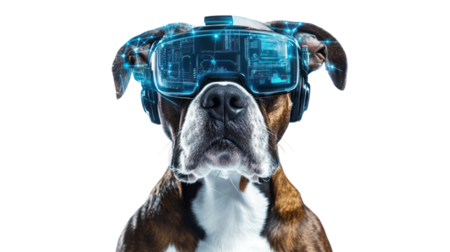 Dog wearing digital accessories in a tech-inspired setting,isolated on transparent and white background.PNG image