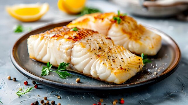Fish fillets plate herbs lemon fresh seafood healthy food cuisine 