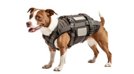 Dog using adaptive gear for mobility or special needs,isolated on transparent and white background.PNG image